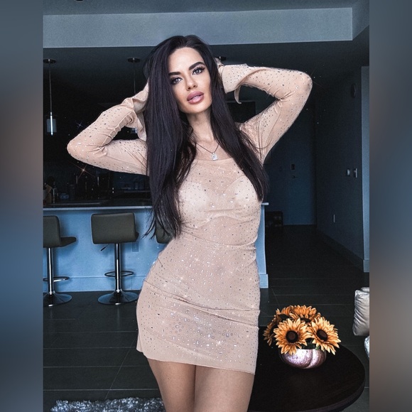 Shiny Rhinestone Long Sleeve Square Neck Bodycon Mini Party Dress - Picture 3 of 3